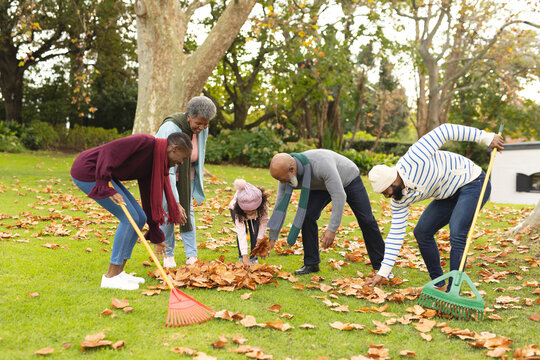 Image of happy african american multi generation family swiping leaves in autumn garden