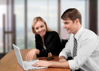 Fototapeta premium Young businessman and businesswoman, Feeling happiness