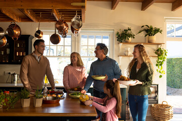 Image of multi generation caucasian family preparing dinner together © WavebreakMediaMicro