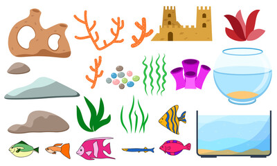 Fototapeta na wymiar Avaristik cartoon set with aquarium fish, corals, stones, seaweed, shells and aquarium tanks of various shapes, vector illustration
