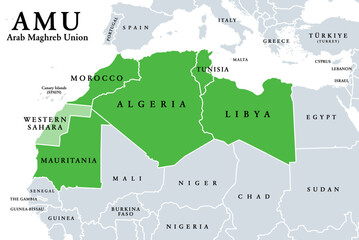 Arab Maghreb Union, AMU member states political map. Simply Maghreb Union, MU, political and economic union trade agreement among Arab countries States, primarily located in the Maghreb, North Africa.