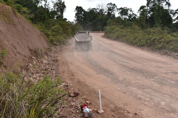 Heavy Mining Dump Truck Transporting Soil on Dusty Road in Open Pit Mine © robert ngatijo