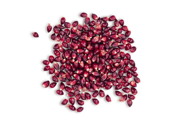 Purple corn or maize seeds isolated on white background with full depth of field. Top view. Flat lay