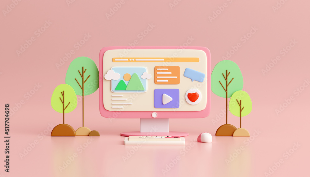 Poster 3d render illustration, a computer desktop with a chat keyboard emoji notification icon on pink back