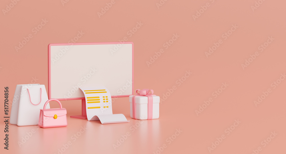 Poster 3d vector concept illustration of bill payment, mobile banking app by web browser on computer deskto