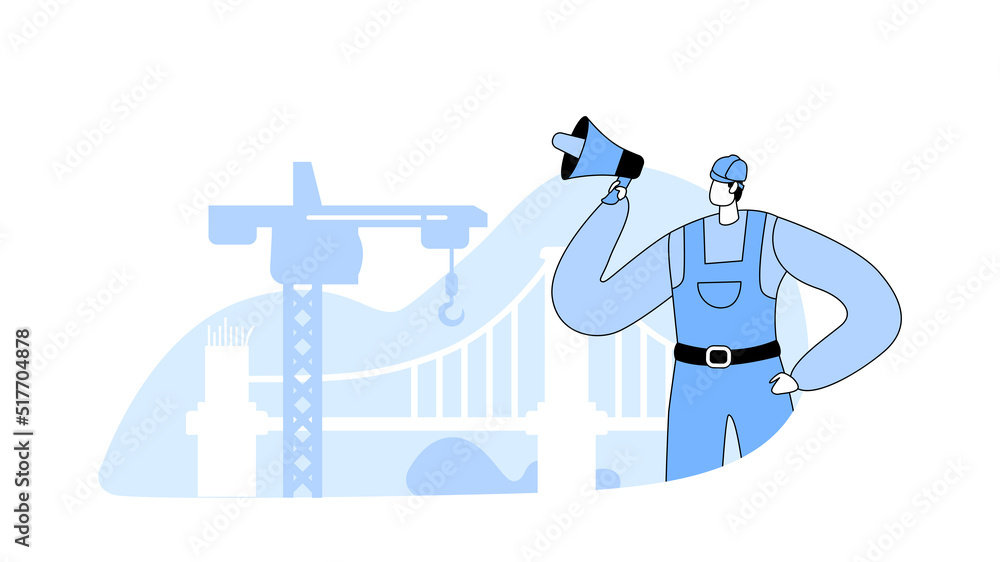 Poster builder or engineer with loudspeaker managing bridge building process with construction crane. emplo