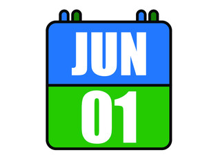 1 June calendar. Blue and green calendar page for June days. Vector isolated on white background.