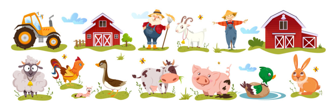 Farm set with cute animals, farmer character, barn houses, yellow tractor and scarecrow on white background. Wooden farmhouse or stable with cartoon funny farming pets flat vector illustration.