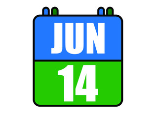 14 June calendar. Blue and green calendar page for June days. Vector isolated on white background.