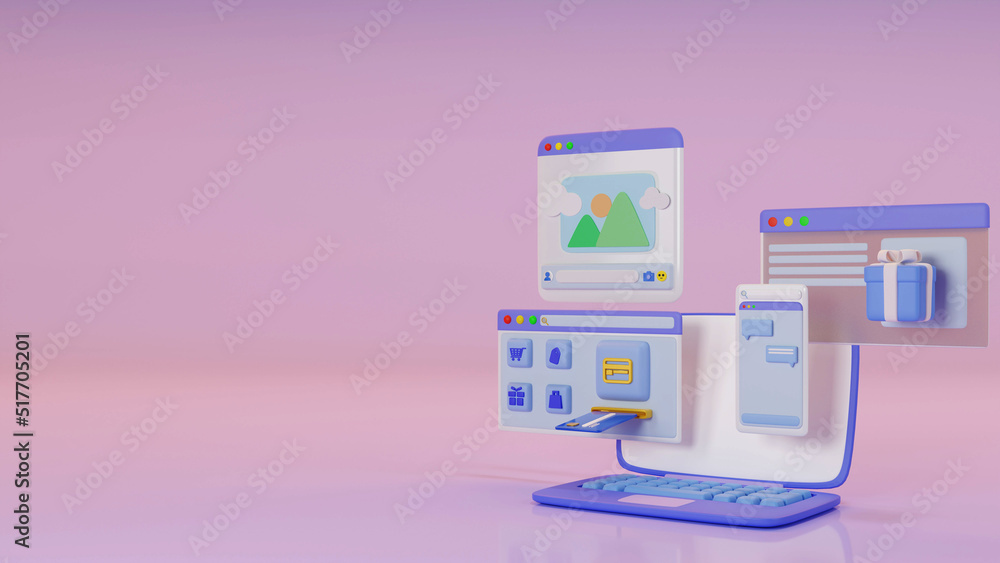 Poster shopping online website store concept 3d rendering illustrations desk for ui ux designer create a de