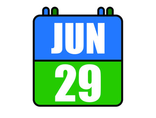 29 June calendar. Blue and green calendar page for June days. Vector isolated on white background.