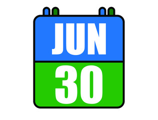 31 June calendar. Blue and green calendar page for June days. Vector isolated on white background.