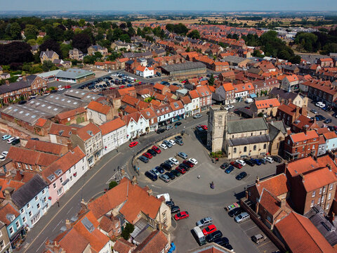 Aerial view of the market square in the market town of Malton in North Yorkshire in the northeast of England.