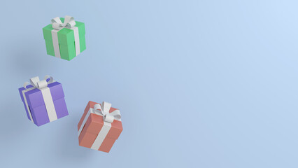 A festive abstract scene in pastel colors with free space in the frame. Multicolored falling gift boxes with white ribbons. 3D render.