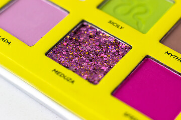 Eye shadow close-up. Professional bright pigments for makeup. Makeup Artist Cosmetics
