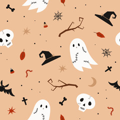 hand drawn seamless halloween pattern vector illustration for fabric, clothing, gift wrapping, wrapping
