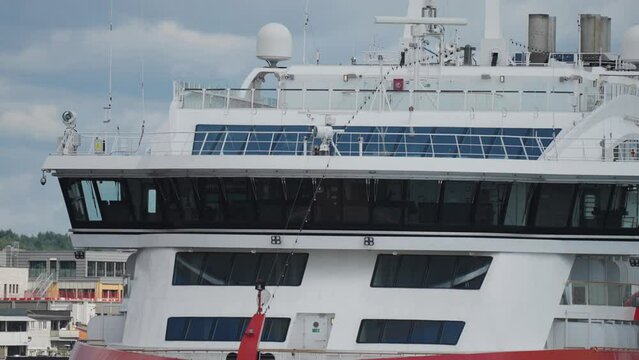 A close-up shot of the bride of the cruise liner. Slow-motion.
