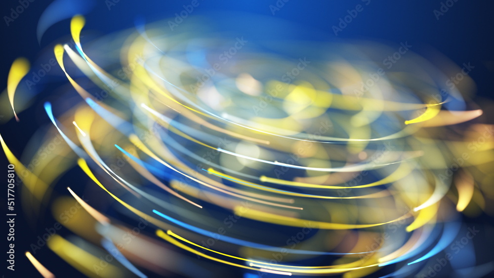 Poster 3d abstract blue and yellow particles vortex design. digital light glow particle tornado background.