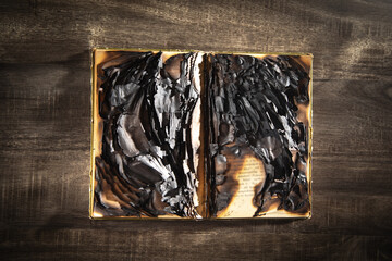 Burning book on the wooden table.