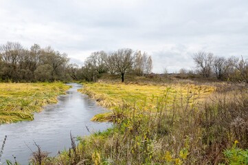 A breathtaking autumn view of a nature reserve and mirror of the river in the located under an open grey sky with white fluffy clouds as a wonderful place for meditation. No people photography.