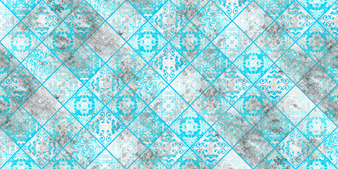 Old blue turquoise white vintage worn geometric shabby mosaic ornate patchwork motif porcelain...