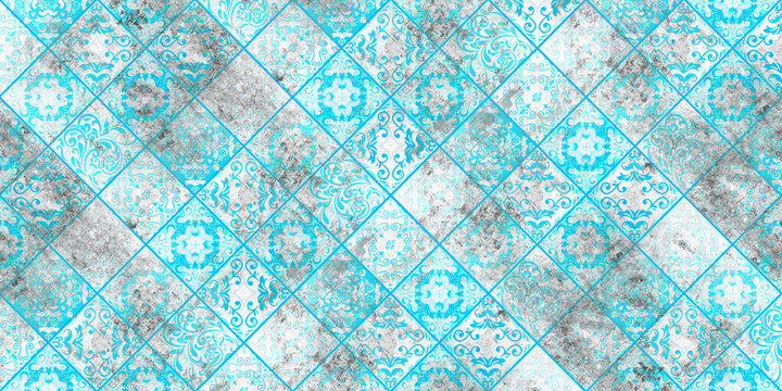 Old blue turquoise white vintage worn geometric shabby mosaic ornate patchwork motif porcelain stoneware tiles,  square stone concrete cement tile mirror wall texture backgrounds, 45 degree angle