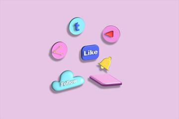 Social media symbol invites you to join the event, press like, press chat, turn on notifications, websites or pages, 3d rendering, illustration.