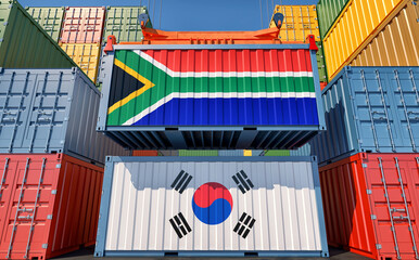 Cargo containers with South Africa and South Korea national flags. 3D Rendering