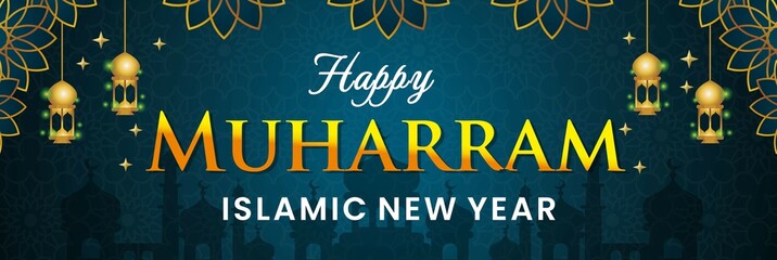 Fototapeta na wymiar Blue islamic new year banner with flower and mosque background