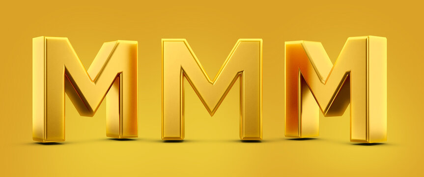 Letter M in 3d metal gold with shadow caster and yellow background