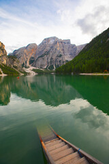 Pragser Wildsee or Lago di Braies. Italian Alps, Dolomites, UNESCO world heritage site,...