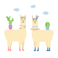 Obraz premium Two cute llamas standing. Cartoon alpacas with cactuses. Template for nursery design, poster, stationery, t shirt print. Isolated vector illustration