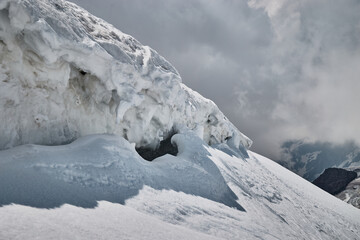 Climbing Kazbek, Georgia. trail to the summit.  Nature of Caucasian mountains. Mount Kazbek...