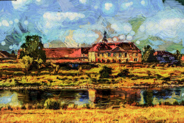 Fototapeta na wymiar Oil painting - suburban landscape. Modern digital art, impressionism technique, imitation of Vincent van Gogh style