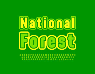 Vector eco banner National Forest. Modern creative Font. Bright Alphabet Letters and Numbers set