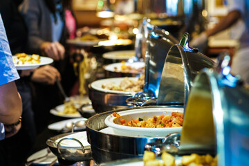 Lunch food buffet catering party with hand of people