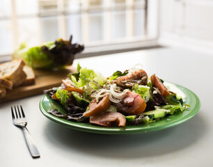 vegetable salad of greens, tomatoes and cucumbers on a green plate