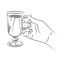 Hand holds glass of mulled wine. Traditional hot winter drink in glass goblet. Christmas alcohol warming drink with spices. Use for print, postcard, menu, label, poster. Sketch, linear contour drawing