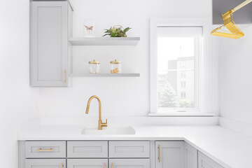 A laundry room detail shot with a gold faucet and hardware, grey cabinets, and decorations. - obrazy, fototapety, plakaty