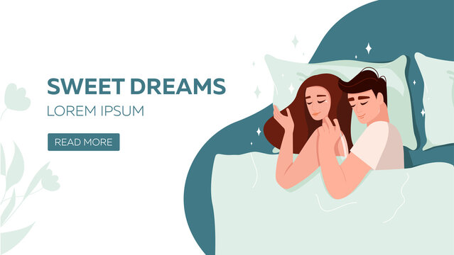 Sweet dreams banner. Couple in love sleeps in bed lying on a pillow and covered with a blanket. Vector hand drawn flat illustration. 