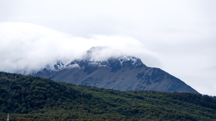 Snow covered peaks of the Martial Mountains along the Beagle Channel, in Ushuaia, Argentina