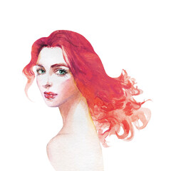 Watercolor fashion female portrait. Hand drawn young woman with purple red hair. Painting isolated illustration on white background.