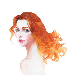 Watercolor fashion female portrait. Hand drawn young woman with curly ginger red hair and blue eyes. Painting isolated illustration on white background.
