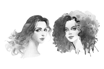 Hand drawn young pretty women. Watercolor female pair portrait. Black and white artwork. Painting fashion illustration on white background. - 517710235