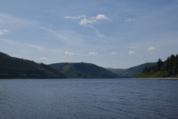the scenery at lake Vyrnwy in the welsh mountains 