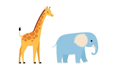 Cute wild safari African animals set. Giraffe and elephant jungle animal cartoon vector illustration