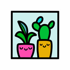 Two smiling cactus in pots hand drawn vector illustration doodle icon logotype in cartoon style
