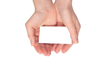 Obraz premium Empty card in woman hand isolated on a white background.