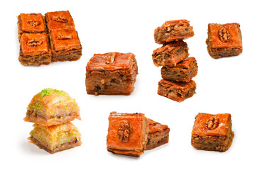 Pistachio baklava on a white background. Dessert.