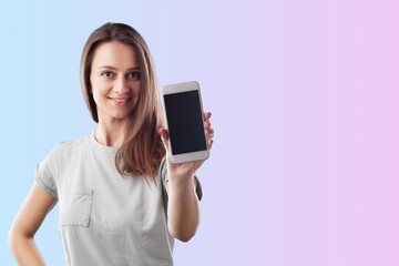 Beautiful woman cute girl, Excited surprised girl showing smart phone with blank screen